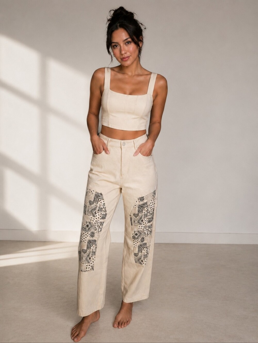 Avec Les Filles Cream High-Rise Bandana Printed Denim